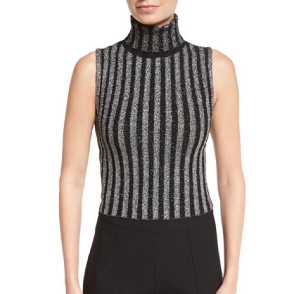 Turtle neck ribbed metallic top